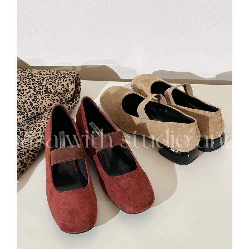 法式小众温柔粗跟绒面玛丽珍鞋百搭通勤低跟单鞋 383-3