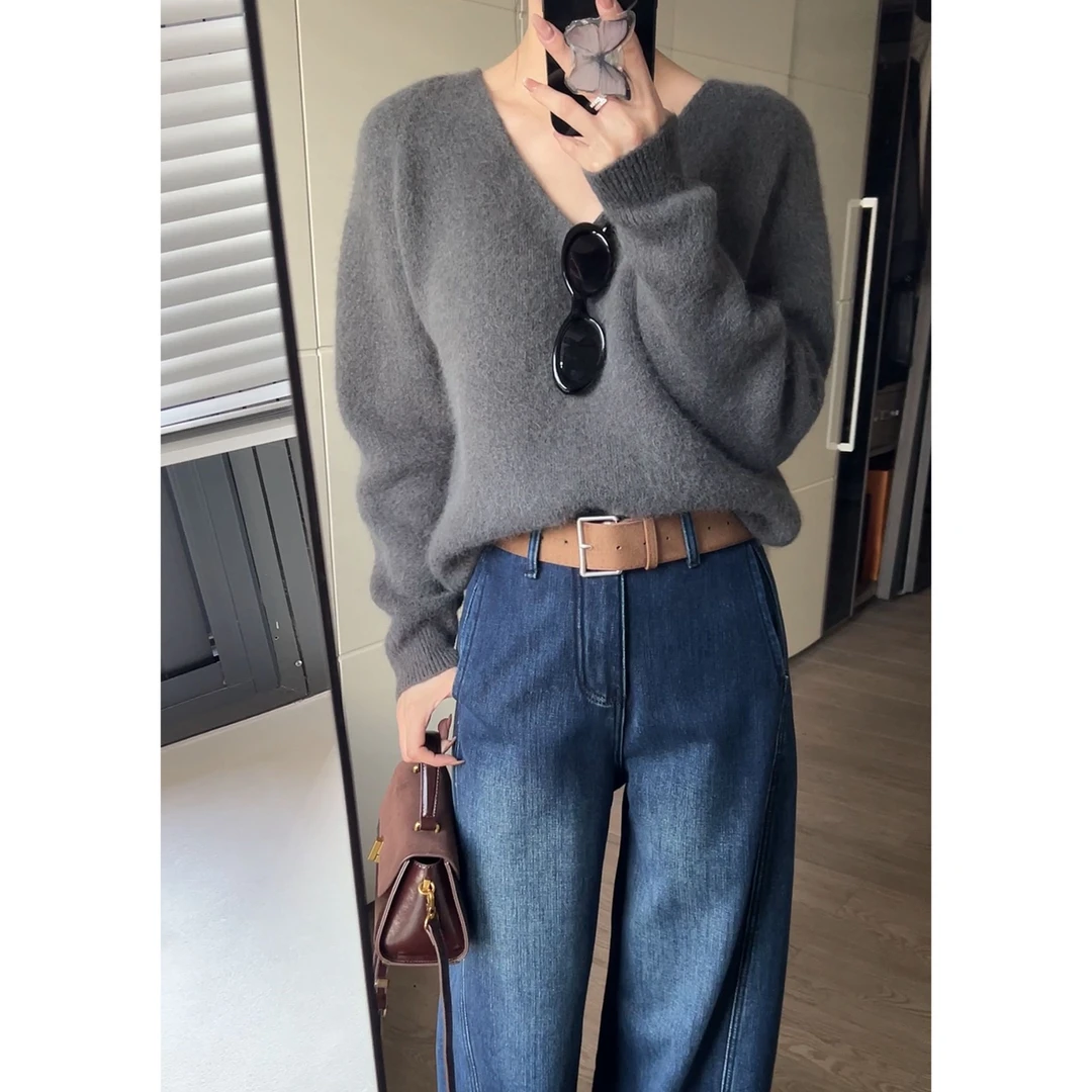 宽松V领简约针织毛衣套头长袖百搭温柔软糯毛衣 1657