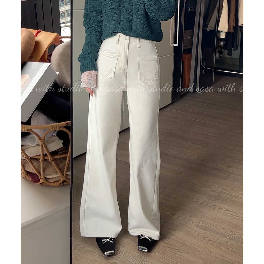 高腰口袋设计直筒牛仔裤时尚宽松百搭显瘦微喇裤 77172