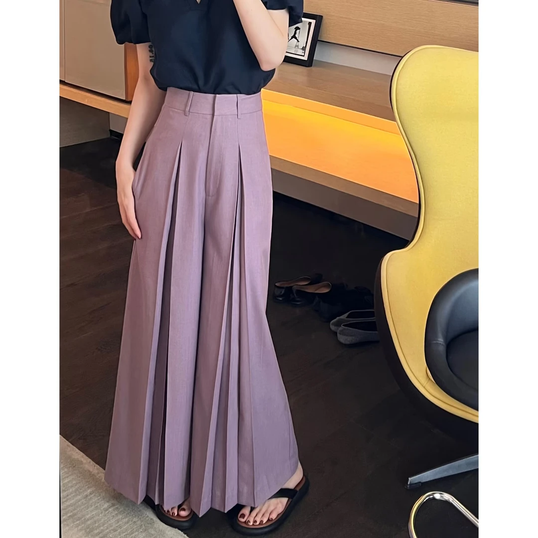 紫色轻奢高腰显瘦长裤直筒压褶宽松阔腿裤 KZ503