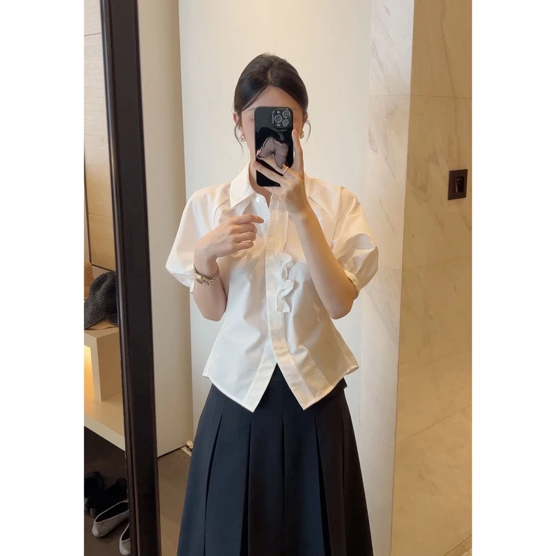 SASA STUDIO 后背有调节扣法式泡泡纯色衬衫别致薄款上衣 CZ159