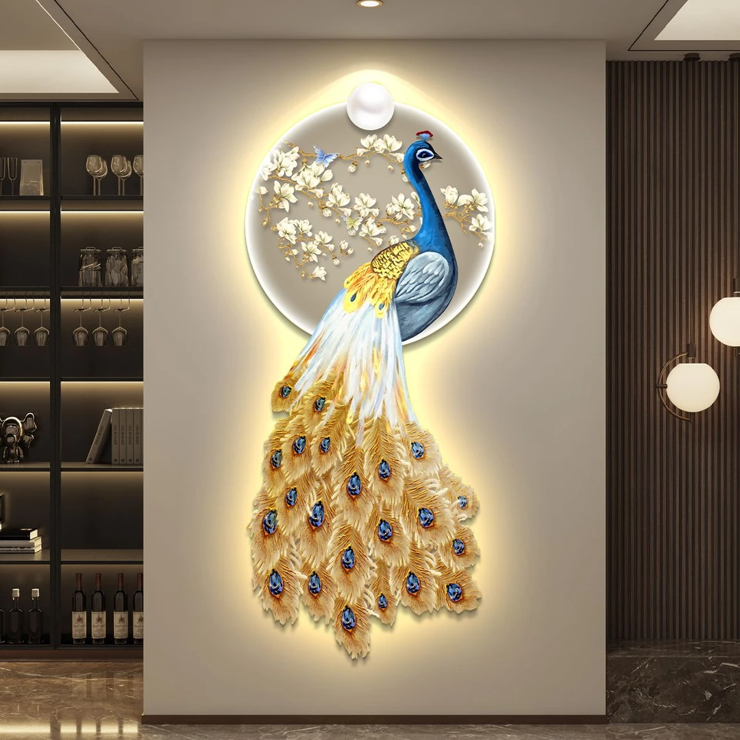 孔雀精雕无框入户玄关装饰画走廊过道带灯挂画简约现代高级感大气