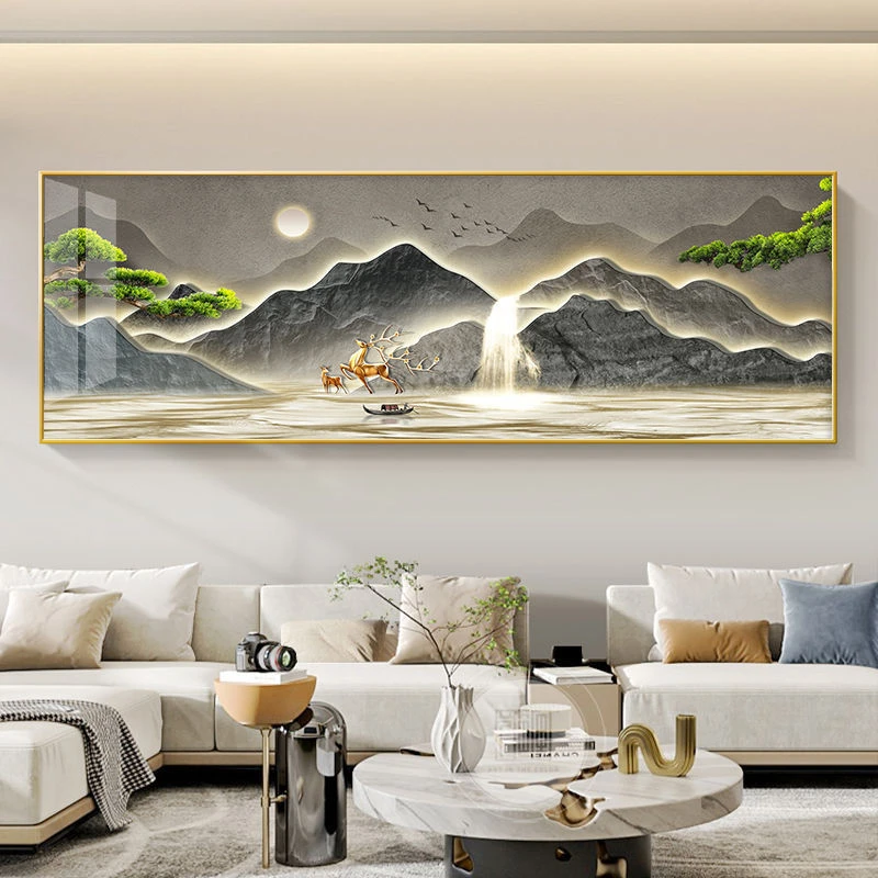 流水生财客厅装饰画沙发背景墙挂画新中式山水壁画横版迎客松墙画