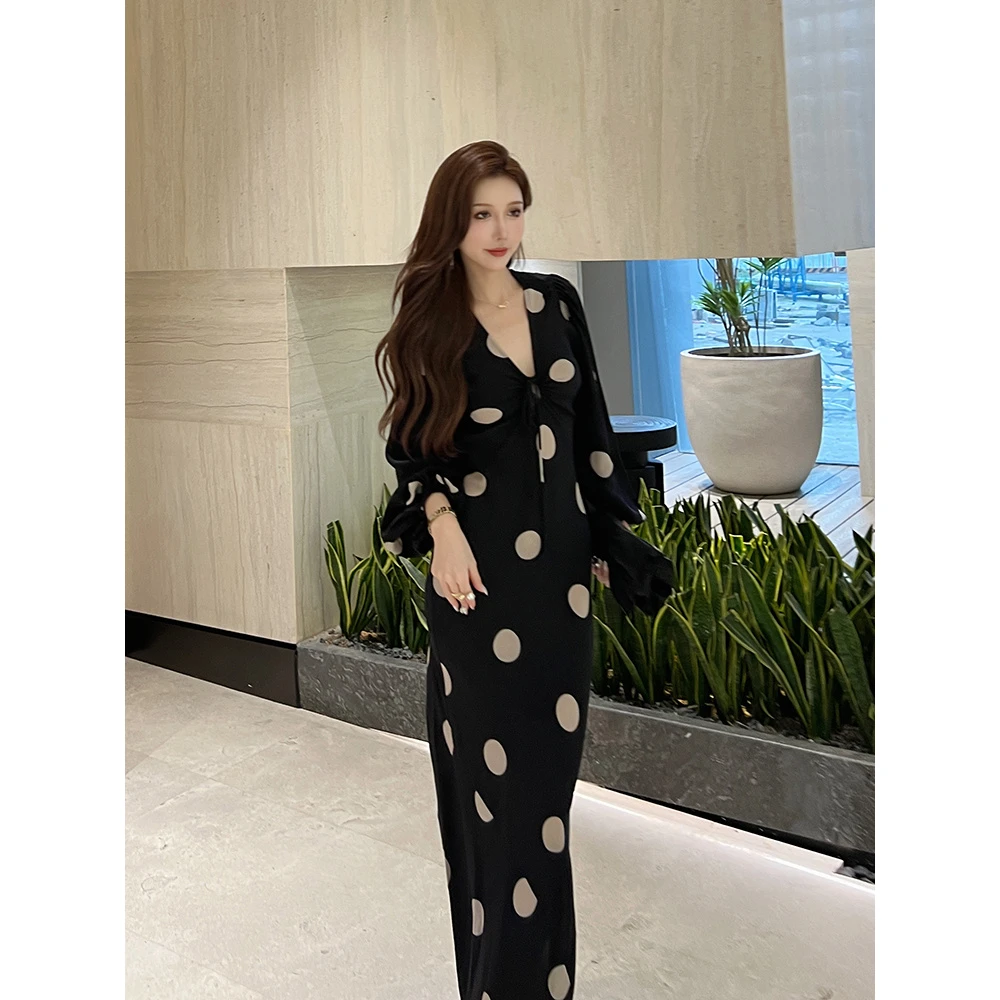 现货 LM法式复古高级感黑色波点长袖连衣裙