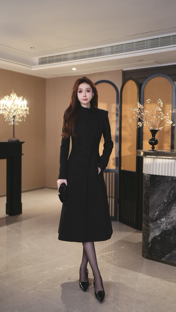 罗曼湾湾 黑色气质修身中长款秋冬法式赫本风西装连衣裙