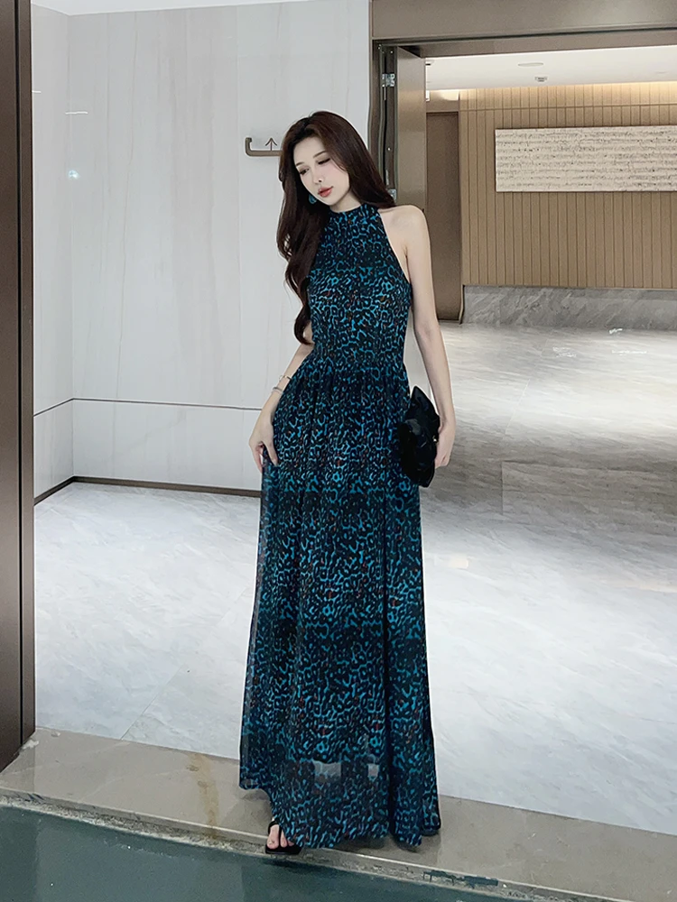 罗曼湾湾  圆领挂脖无袖收腰中长款连衣裙