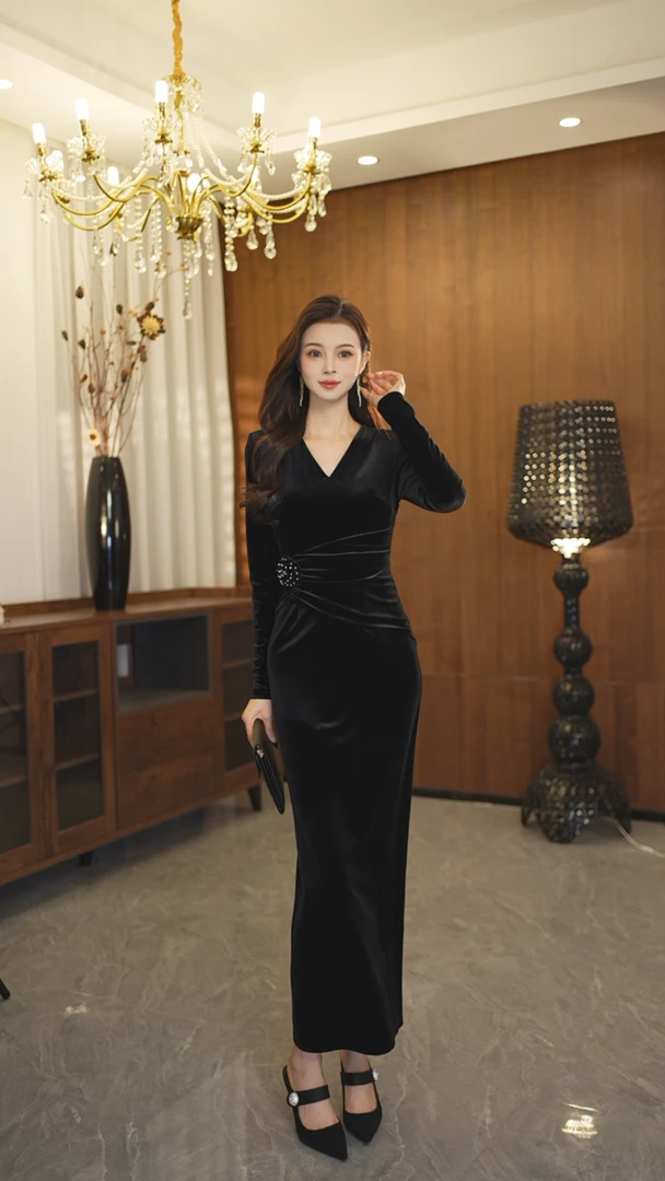 CICI定制 收腰显瘦修身V领长袖连衣裙长裙