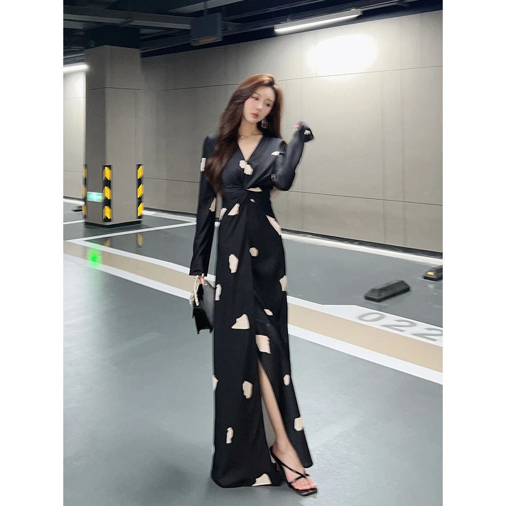 罗曼湾湾 高级感气质收腰印花连衣裙女高级收腰裙子