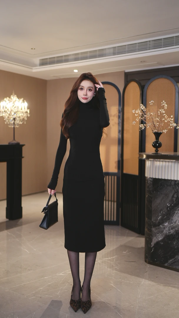 罗曼湾湾 显瘦气质修身黑色时尚长裙包臀打底裙