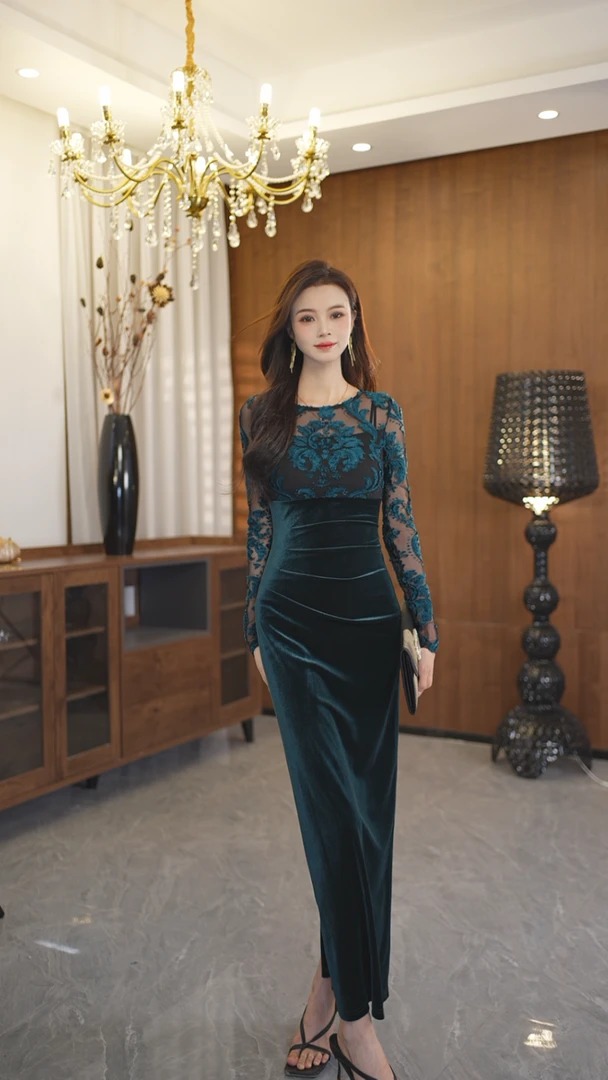 CICI定制 复古绿色丝绒网纱拼接修身性感连衣裙