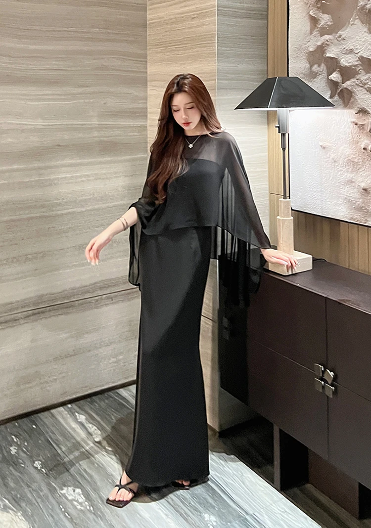 罗曼湾湾 黑色网纱显瘦披肩中长款俩件连衣裙