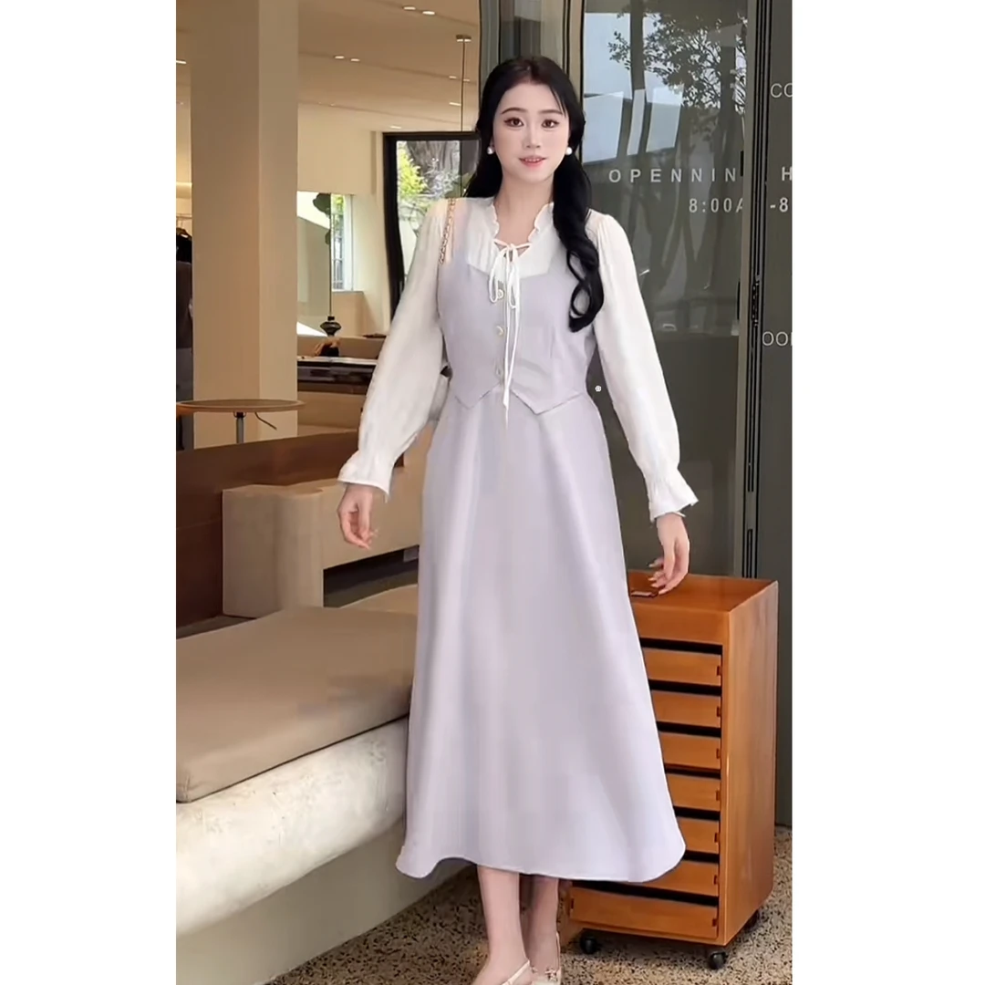 【甜心芋泥】早春新款甜美收腰显瘦小个子设计感拼接假两件连衣裙