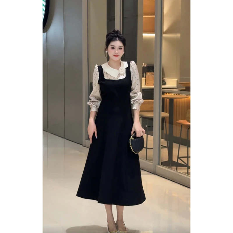 【柏林金秋】法式复古波点撞色假两件拼接设计秋季收腰连衣裙A11