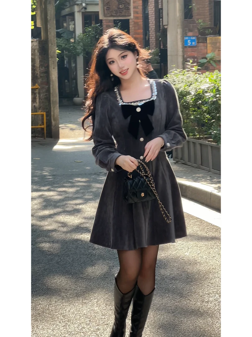 【蝶舞千金】秋冬新款法式气质复古蝴蝶结设计优雅收腰显瘦连衣裙