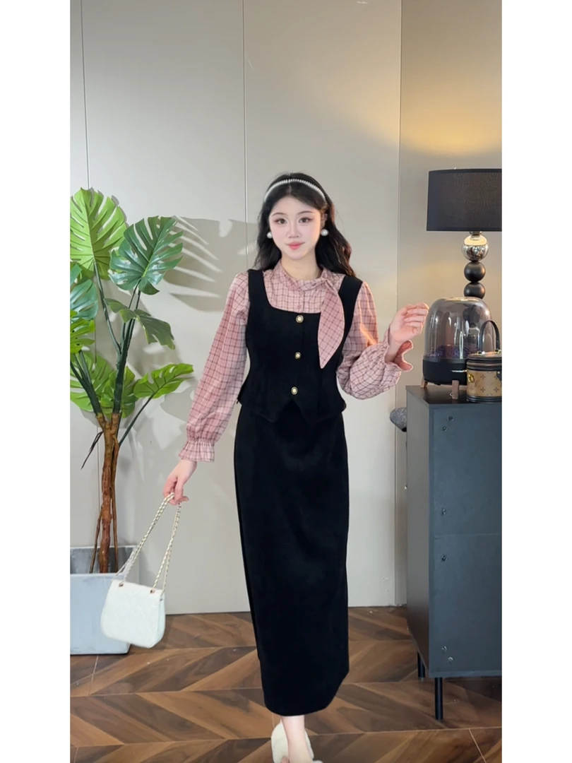 【布蕾】秋冬新款法式气质高级感上衣+收腰显瘦半身裙时尚套装T3002