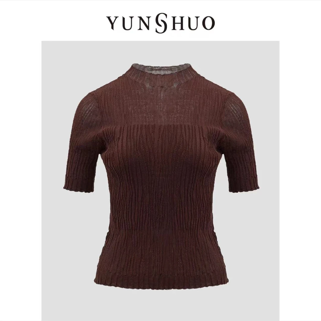 允硕2024夏季新品褶皱时尚百搭套头衫 735181气质圆领