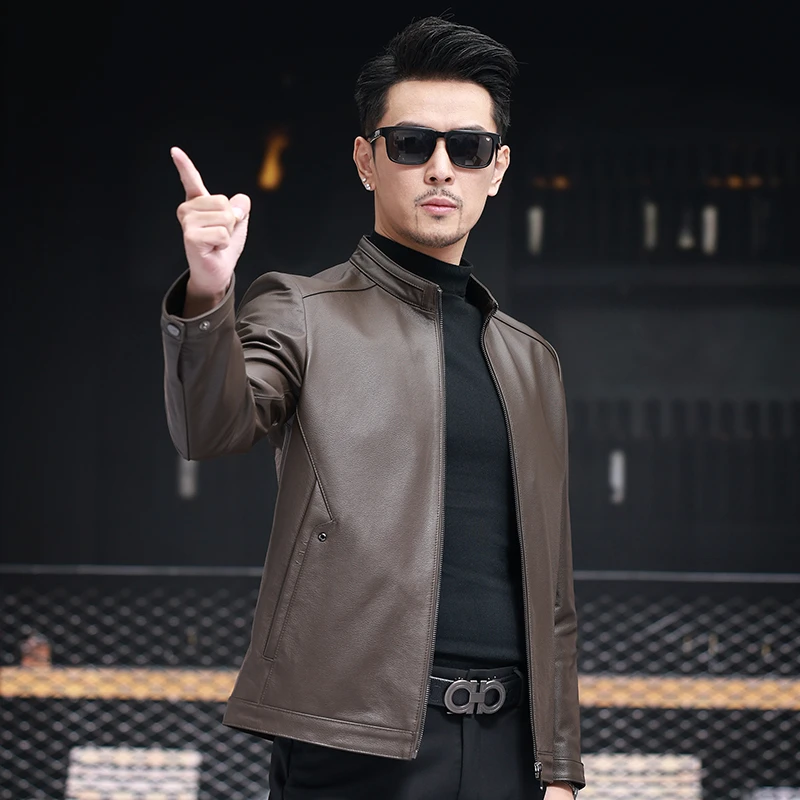 VBA 2325Z 单装牛皮立领海宁男士真皮皮衣休闲短款修身皮夹克外套