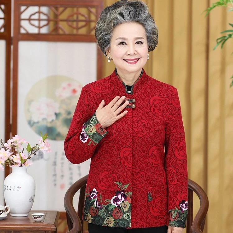 老年妈妈装外套本命年红色老年人秋冬装70岁奶奶装唐装老人衣服女