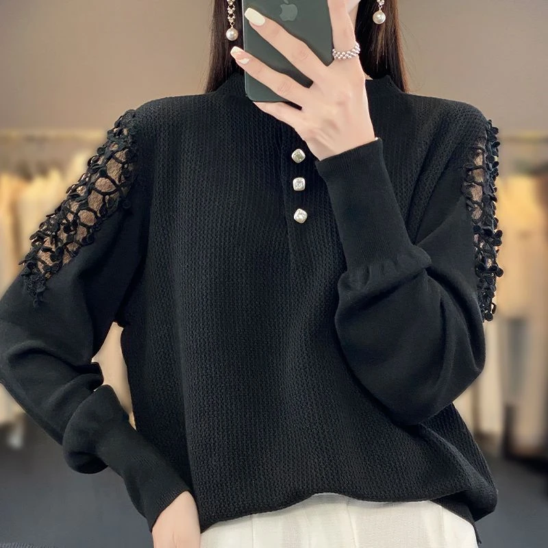 春秋薄款长袖针织打底衫女圆领气质毛衣镂空钩花时尚内搭洋气毛衫