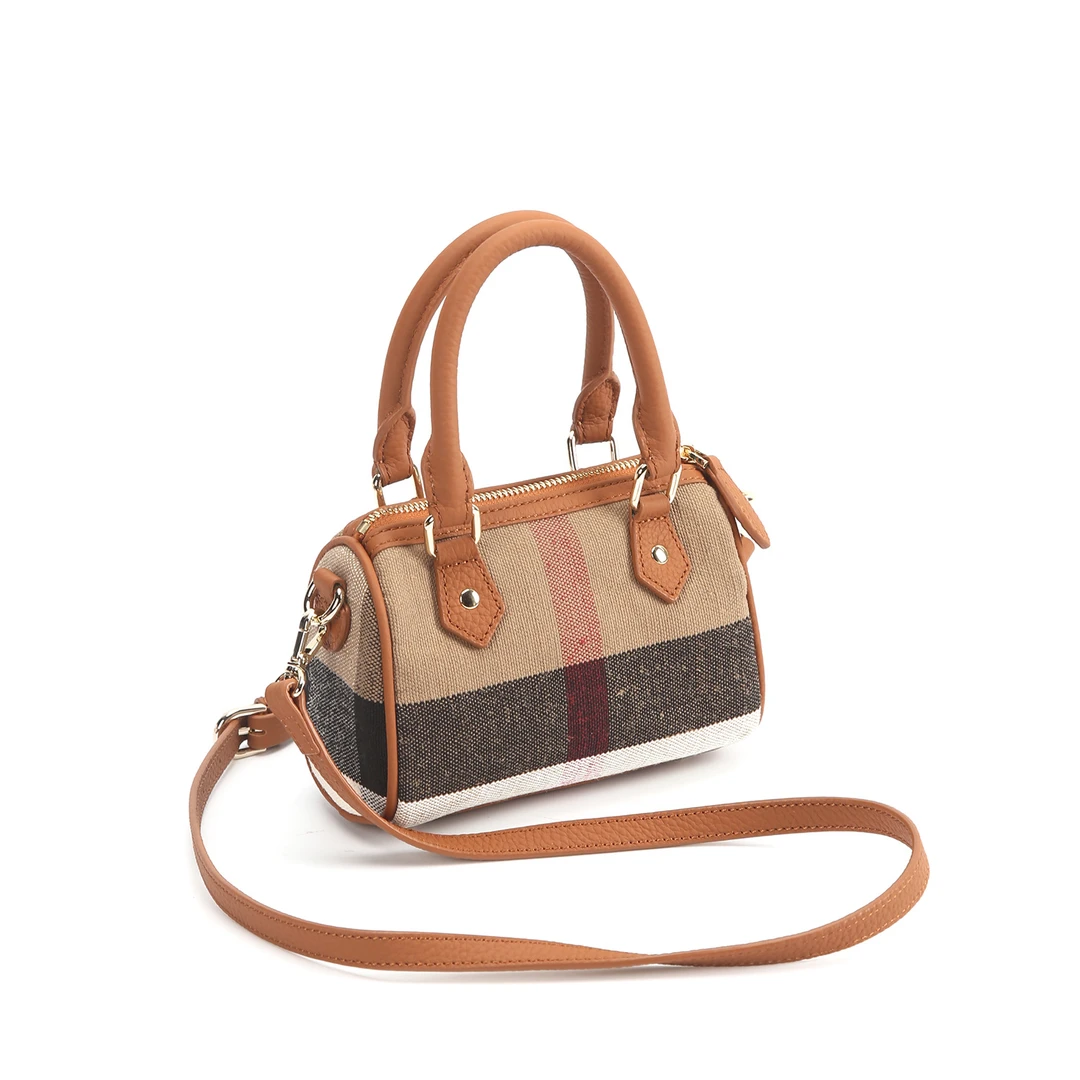 出口外贸小众黄麻波士顿包配头层牛皮单肩斜挎包迷你小包女包