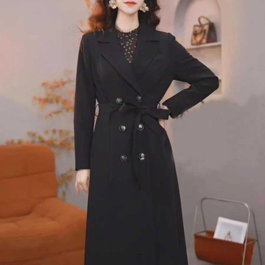 高级感黑色风衣2024年新款秋季西装领双排扣系带女装过膝外套