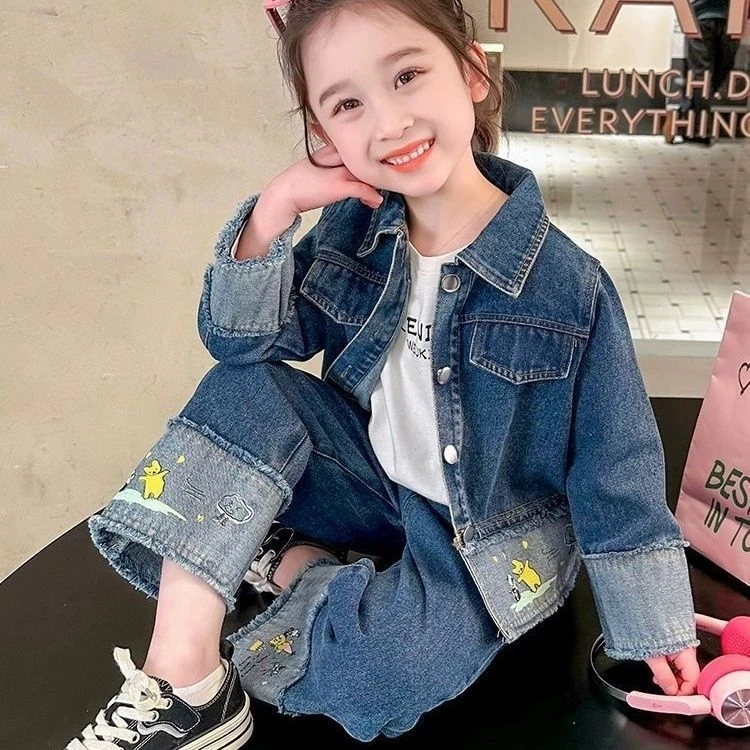 女童新款2024春秋牛仔套装宝宝洋气两件套时髦外穿休闲阔腿裤春季