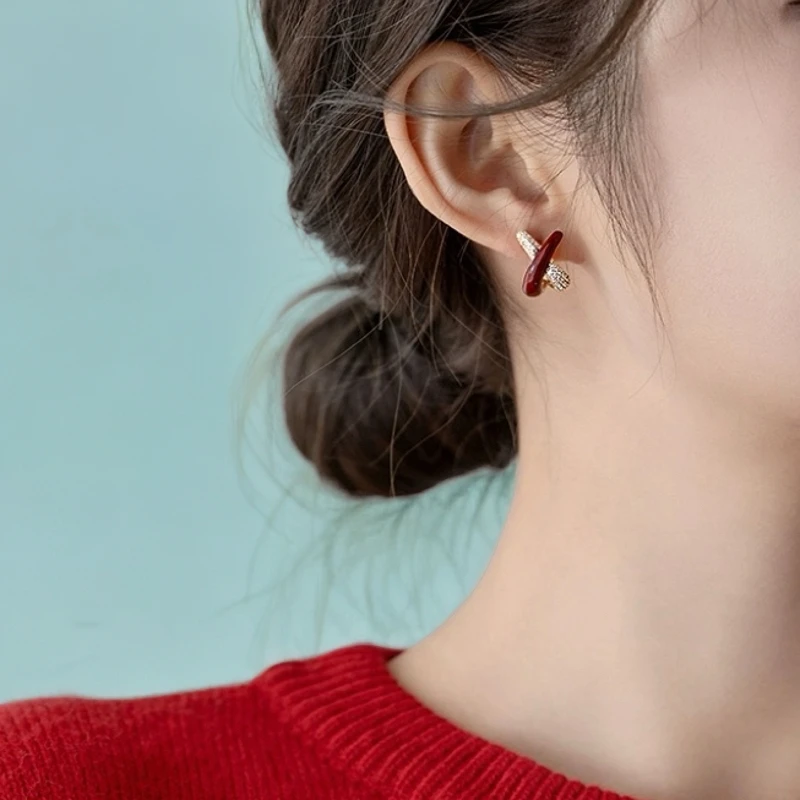 925银耳饰 韩版新款交叉镶钻锆石滴釉银针耳环精致轻奢高级耳钉