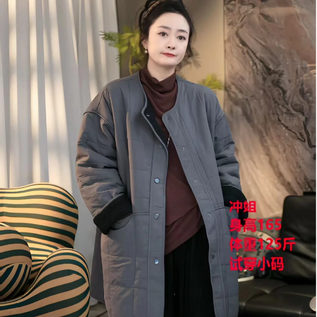 【冲姐】秋冬季新款圆领长款加绒厚女外套