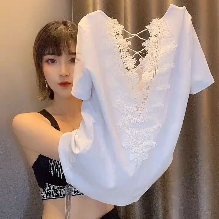6312设计感V领美背款露背短袖T恤女夏季新款宽松显瘦蕾丝洋气T恤