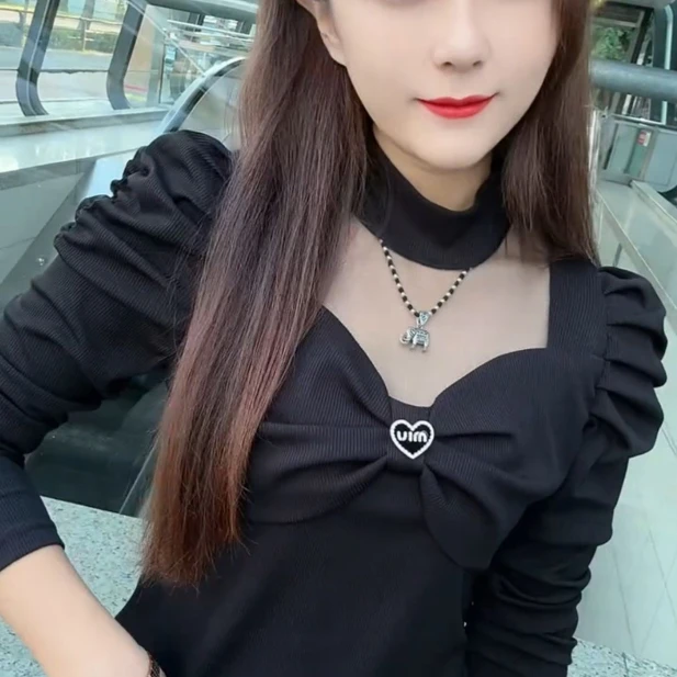 6366洋气新款内搭上衣女镂空拼接性感遮肉打底衫长袖时尚爆款T恤