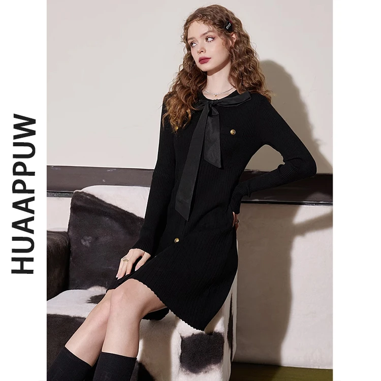 画朴法式黑色针织长袖连衣裙女装2025秋季新款修身显瘦气质小黑裙