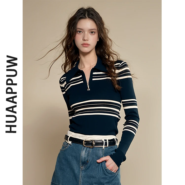 【条纹秋装】画朴法式条纹半开领拉链长袖百搭针织衫女2025秋季新款