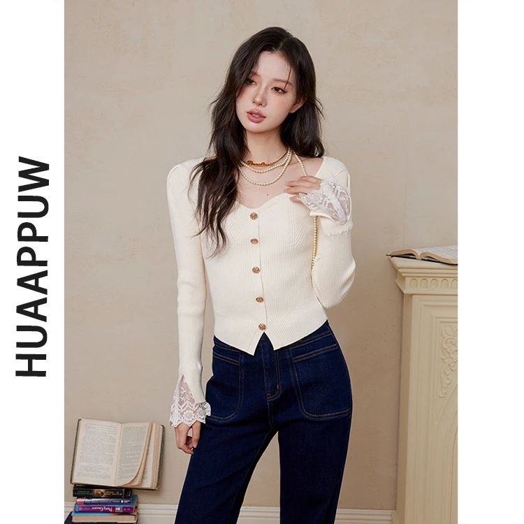 画朴法式桃心领蕾丝花边拼接长袖针织衫2025秋季新款百搭显瘦上衣