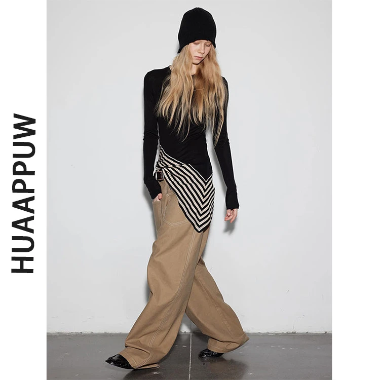 画朴法式条纹拼接不对称斜摆长袖打底衫2025秋季新款气质显瘦上衣