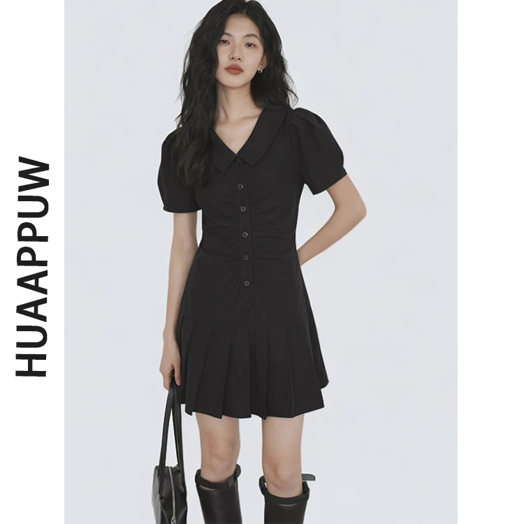 画朴法式黑色小众Polo领泡泡袖收腰连衣裙女2025夏季显瘦百褶短裙