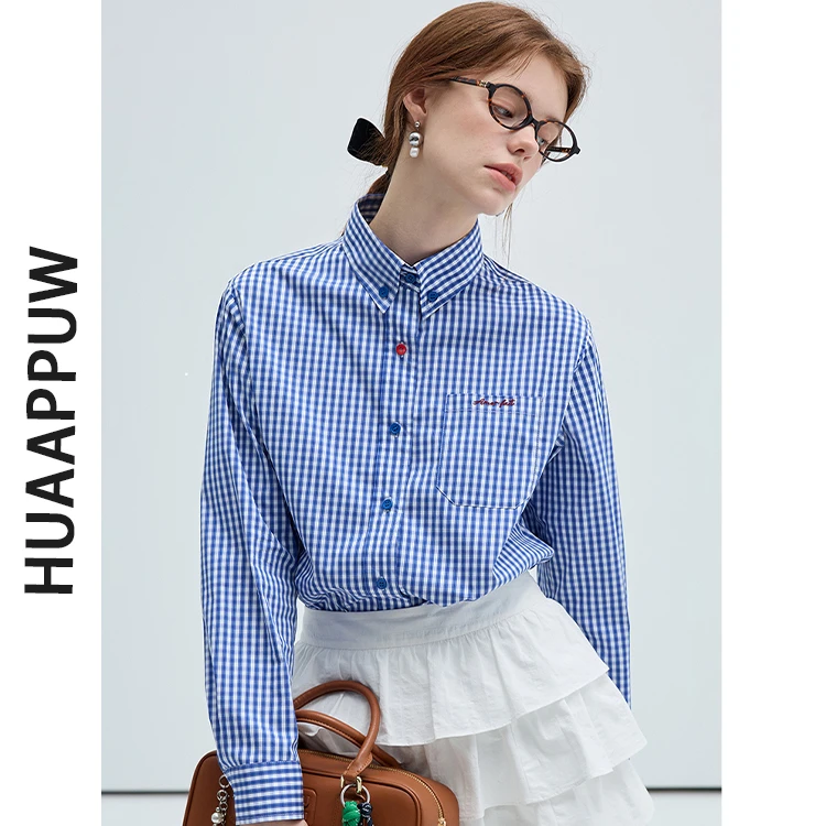 画朴法式撞色纽扣妆点格纹刺绣衬衫女2025秋季新款学院风通勤上衣