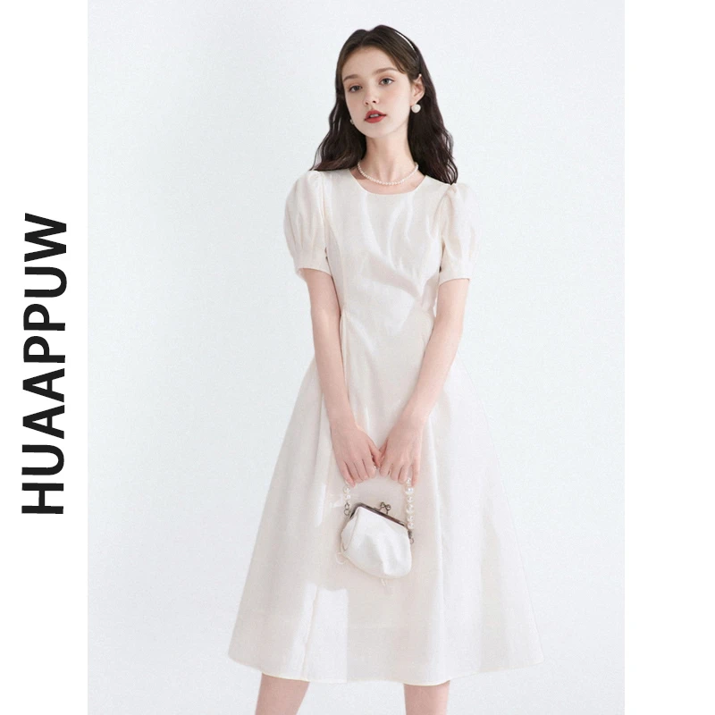 画朴法式桔梗白色连衣裙女夏秋新款泡泡袖小个子气质收腰长裙通勤