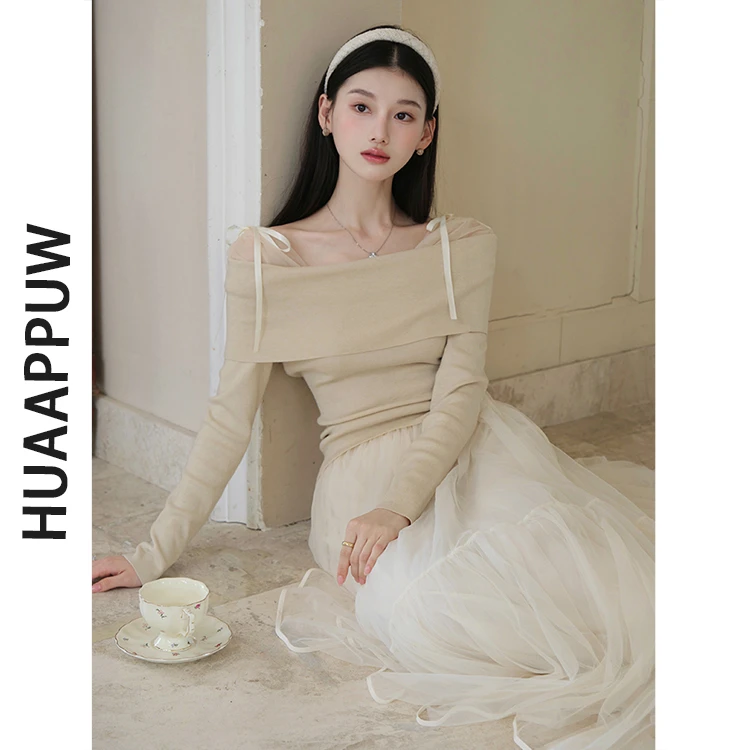 画朴法式网纱拼接一字领长袖针织衫2025秋季新款气质修身百搭上衣