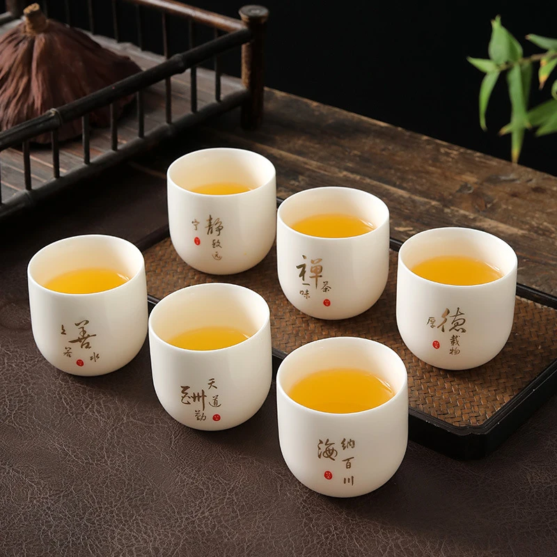 招待羊脂玉瓷功夫茶杯6只陶瓷主人杯中式家用喝茶单杯90ml品茗杯