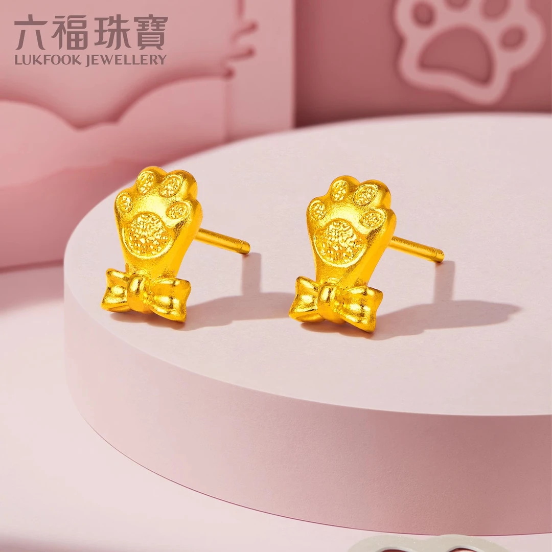 六福珠宝福满传家猫爪黄金耳钉耳环女款足金耳饰计价F41TBGE0002