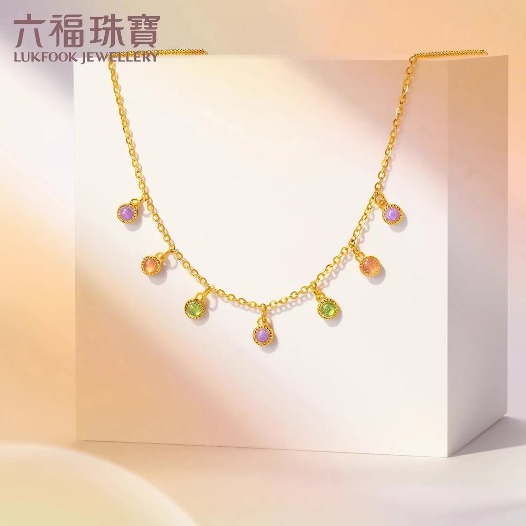 六福珠宝流光韵彩泡泡黄金项链鎏彩工艺足金锁骨链计价FDG0012DS