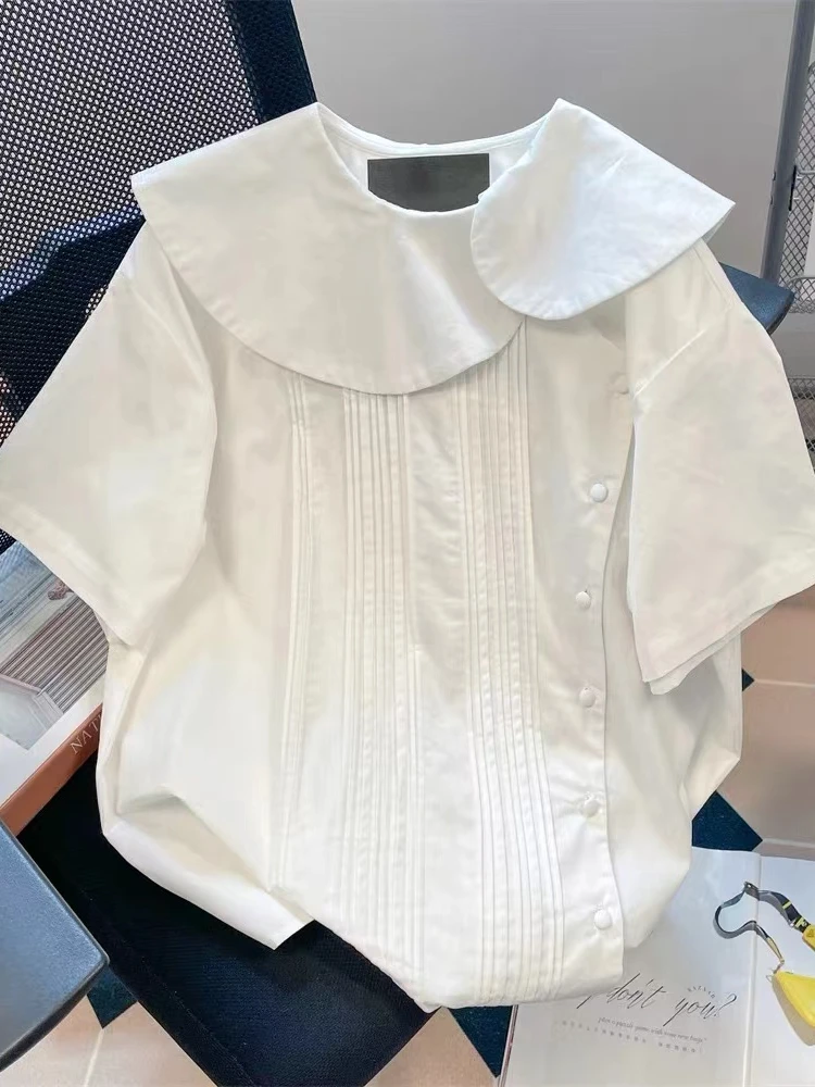 春夏季气质白色宽松尾货样衣女装娃娃领减龄设计感泡泡袖短袖蕾丝