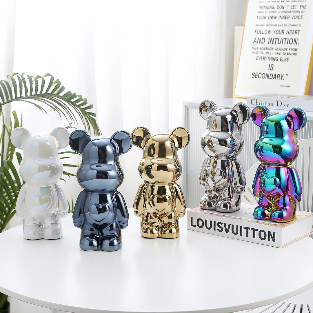 网红熊陶瓷潮玩桃心熊摆件电镀存钱罐客厅玄关高档大号装饰品轻奢