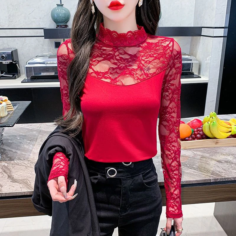 长袖蕾丝打底衫修身薄小衫百搭上衣2022秋新款立领黑色蕾丝t恤女