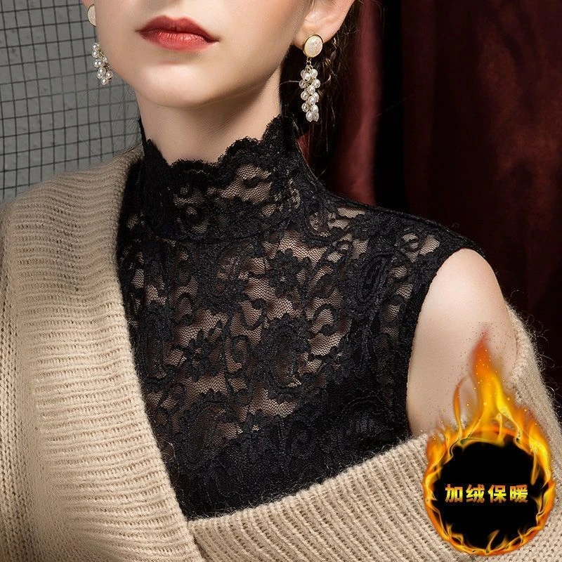 加绒2021新款秋冬高领蕾丝假领背心打底衫女修身无袖内搭立领网纱
