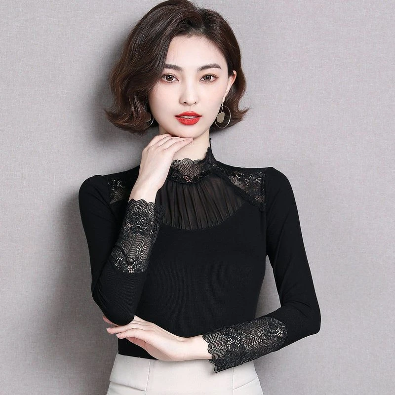 洋气新款时尚个性长袖半高领蕾丝莫代尔小衫潮打底衫女2022春秋季