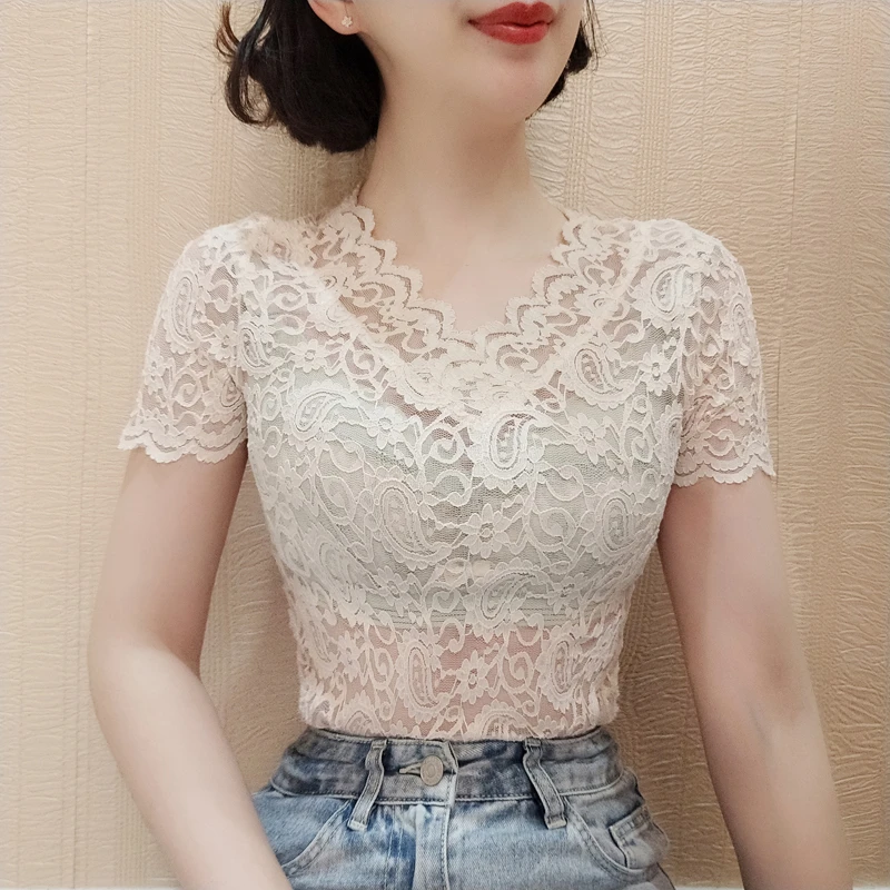 蕾丝衫新款v领心机设计感镂空网纱紧身小衫性感显瘦打底上衣女仙
