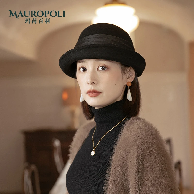 MauroPoli/玛芮百利圆顶复古羊毛渔夫帽女秋冬优雅赫本风百搭礼帽