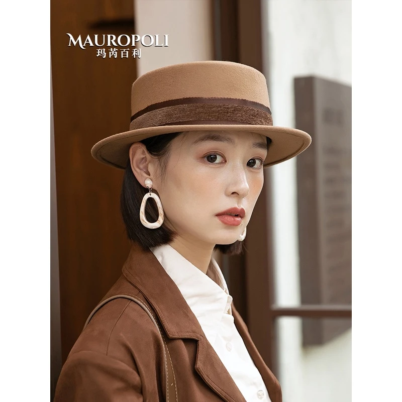 MauroPoli/玛芮百利法式复古平顶礼帽女时尚秋冬季羊毛毡帽平顶帽