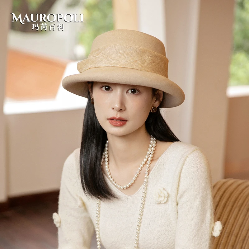 渔夫帽女秋冬法式复古羊毛定型礼帽新款时尚麻纱毡帽子女士宽帽檐